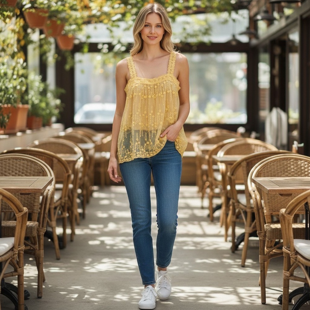 Yellow Embroidered Mesh Camisole Boho Crochet Lace Trim Tank Top